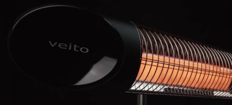 Infrared patio heater with 'veito' branding on a black background